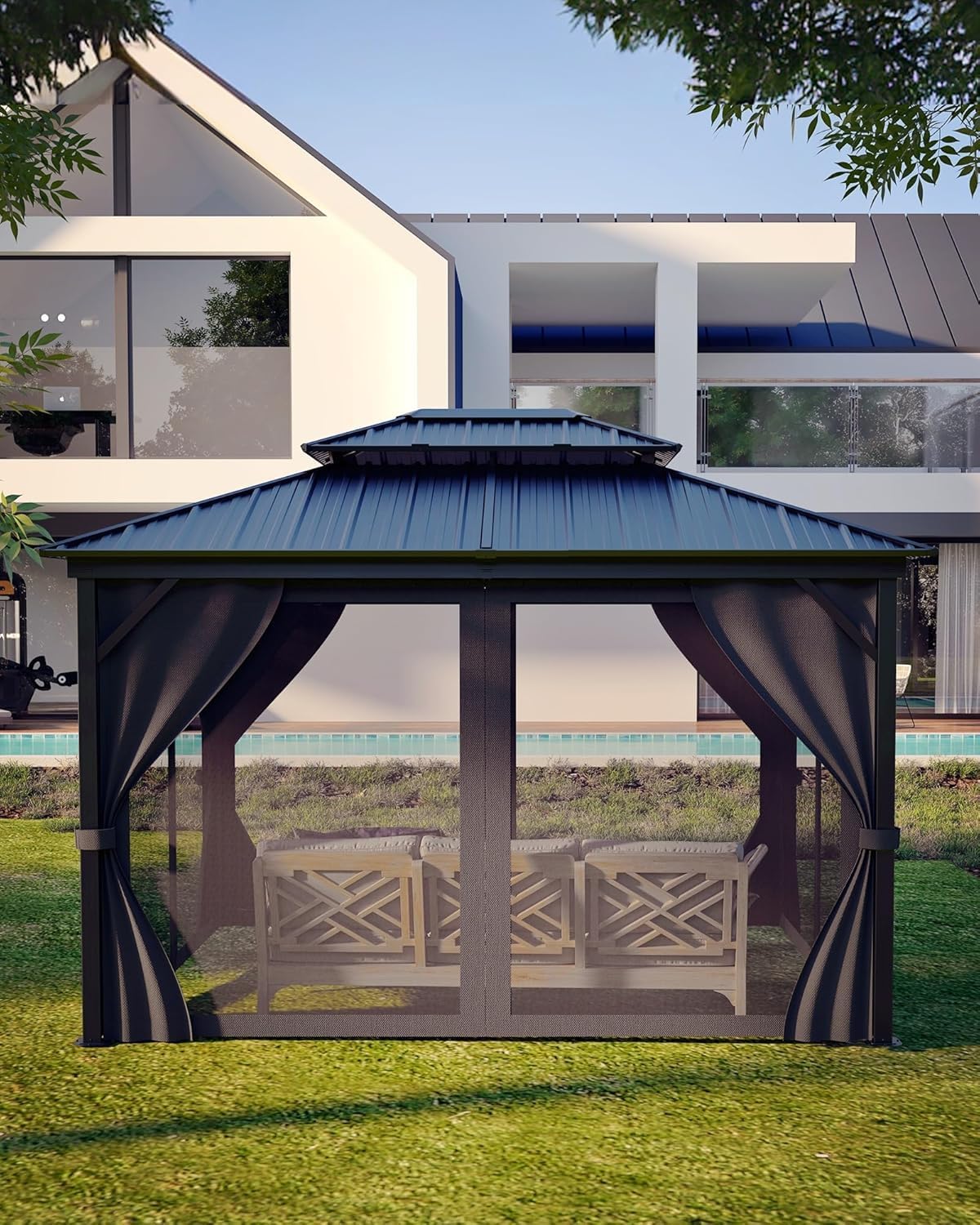 GAOMON Hardtop Gazebo 10'x12' for All Weather, with Double Metal Roof, Aluminum Alloy Frame, Net, and Curtain, Permanent Building of Backyard Luxury for Patio, Deck, Backyard, Lawn, and Garden, Gray