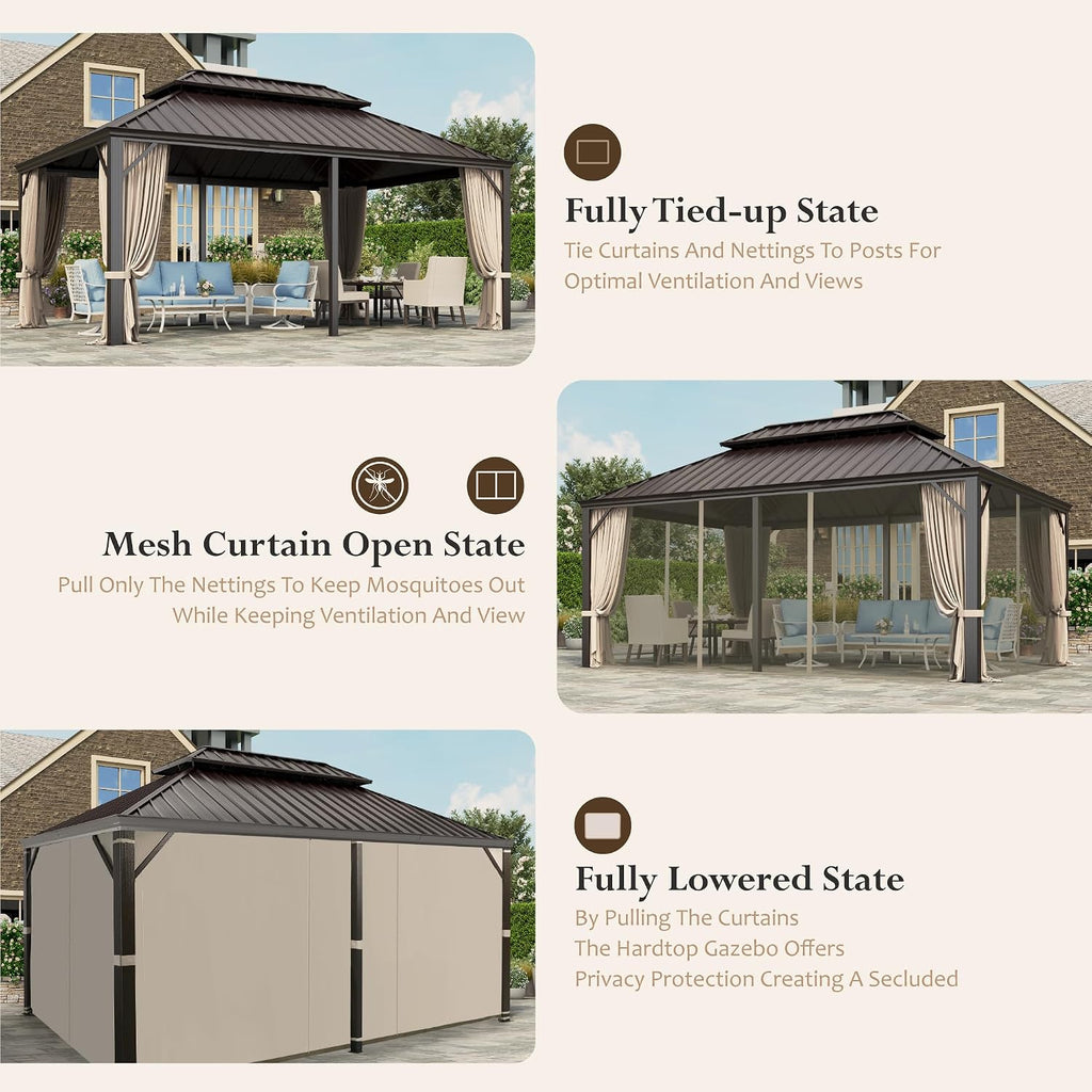 12'x18' Hardtop Aluminum Gazebo, Permanent Outdoor Canopy with Galvanized Steel Double Roof Heavy Duty Pavilion with Curtains and Netting for Garden Patio Lawn Deck