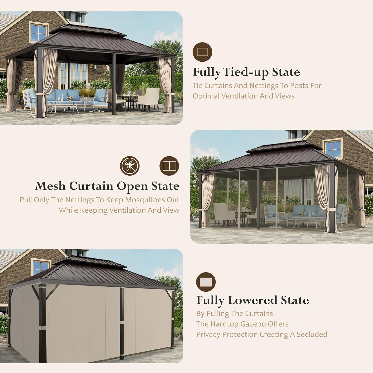 12'x18' Hardtop Aluminum Gazebo, Permanent Outdoor Canopy with Galvanized Steel Double Roof Heavy Duty Pavilion with Curtains and Netting for Garden Patio Lawn Deck