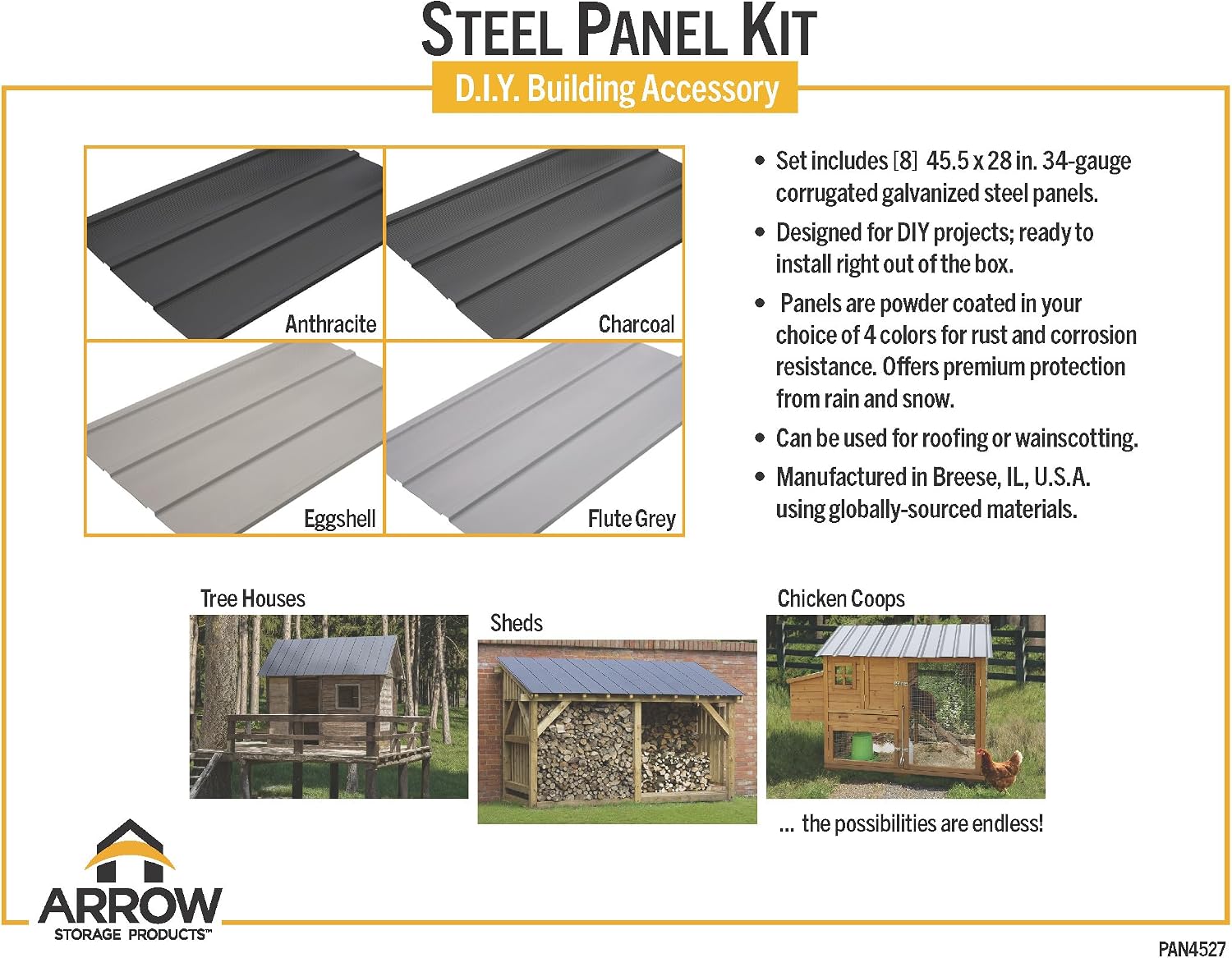 Arrow Set of 8 Galvanized Steel 2x4 Ft Corrugated Metal Panels for DIY Shed, Garage, Carport, and Mobile Home Projects, Made in USA, Eggshell