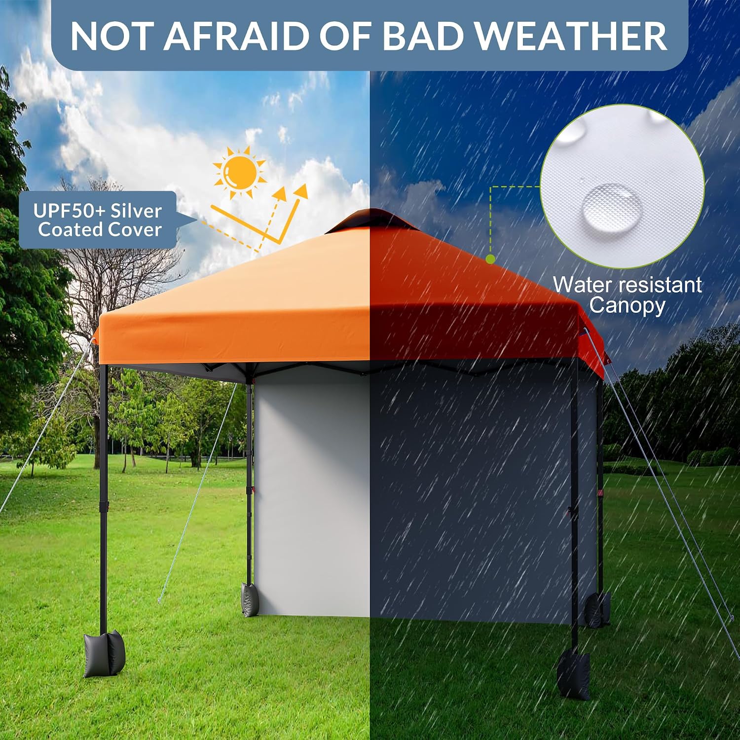 10x10 Pop Up Tent, Pop Up Canopy with Sidewall, UPF 50+, Easy to Set Up Outdoor Canopy, Adjustable Portable Gazebo for Parties, Camping, Gazebo with Wheel Cover Bag, 4 Sand Bags, 4 Ropes and 8 Spikes