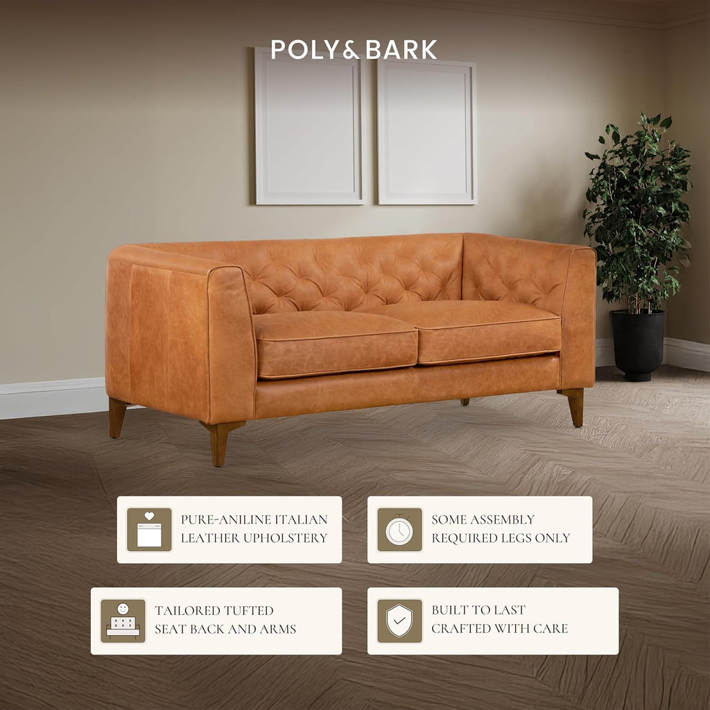 Poly & BARK Essex 74' Leather Apartment Sofa – Mid-Century Tufted Design, Full-Grain Italian Leather, Feather-Down Cushions, Cognac Tan