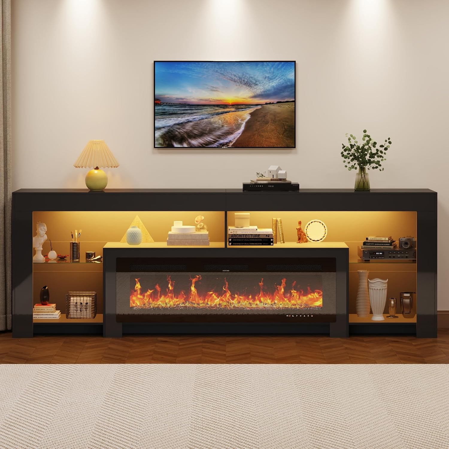 94.5' Extra Long Fireplace TV Stand with 50' Electric Insert, Modern High Gloss Entertainment Center for Up to 100' TVs, Media Console with Color-Changing LED Lights & Storage, Black
