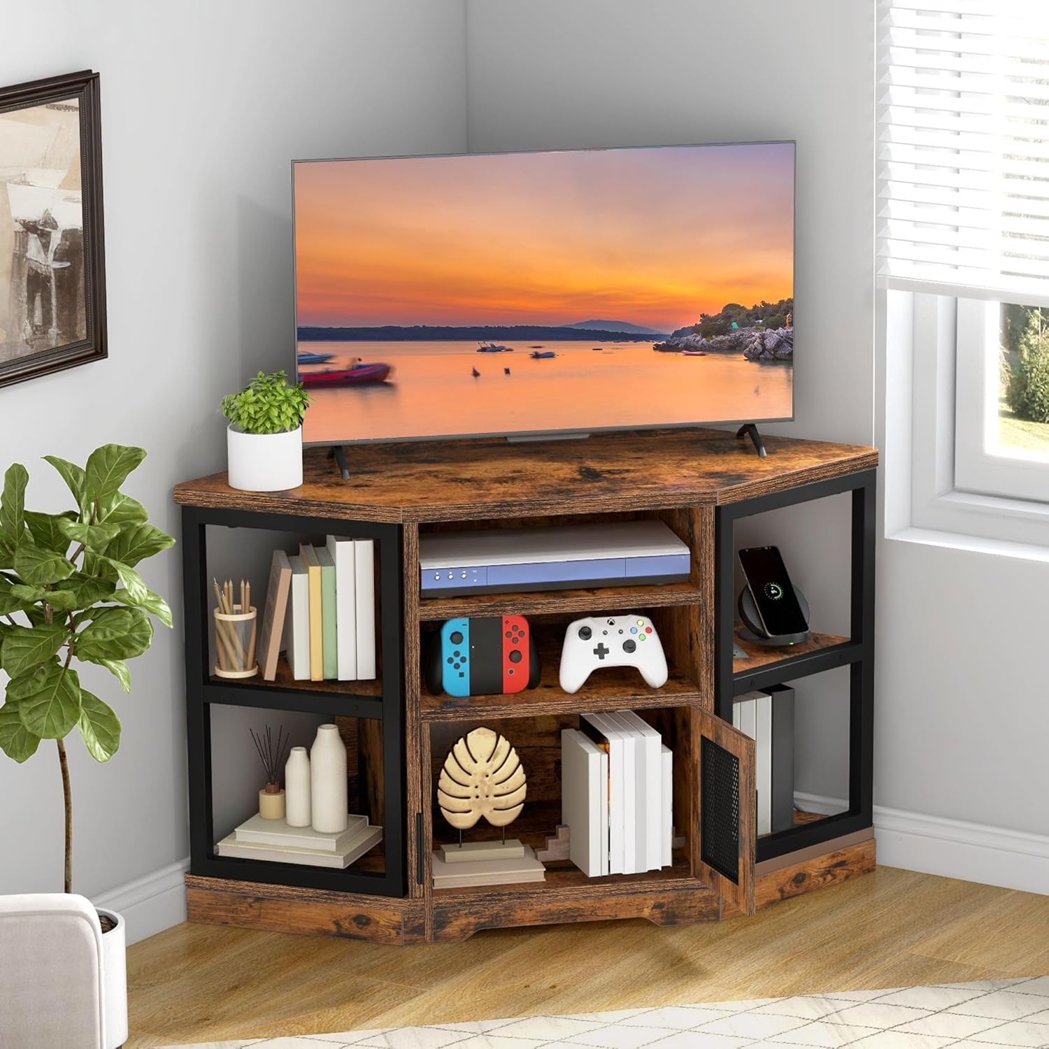 DWVO Farmhouse Corner TV Stand for Living Room, TV Stand for 50 Inch TV, Entertainment Center with Storage and Power Outlet, TV Console Cabinet, Rustic Brown