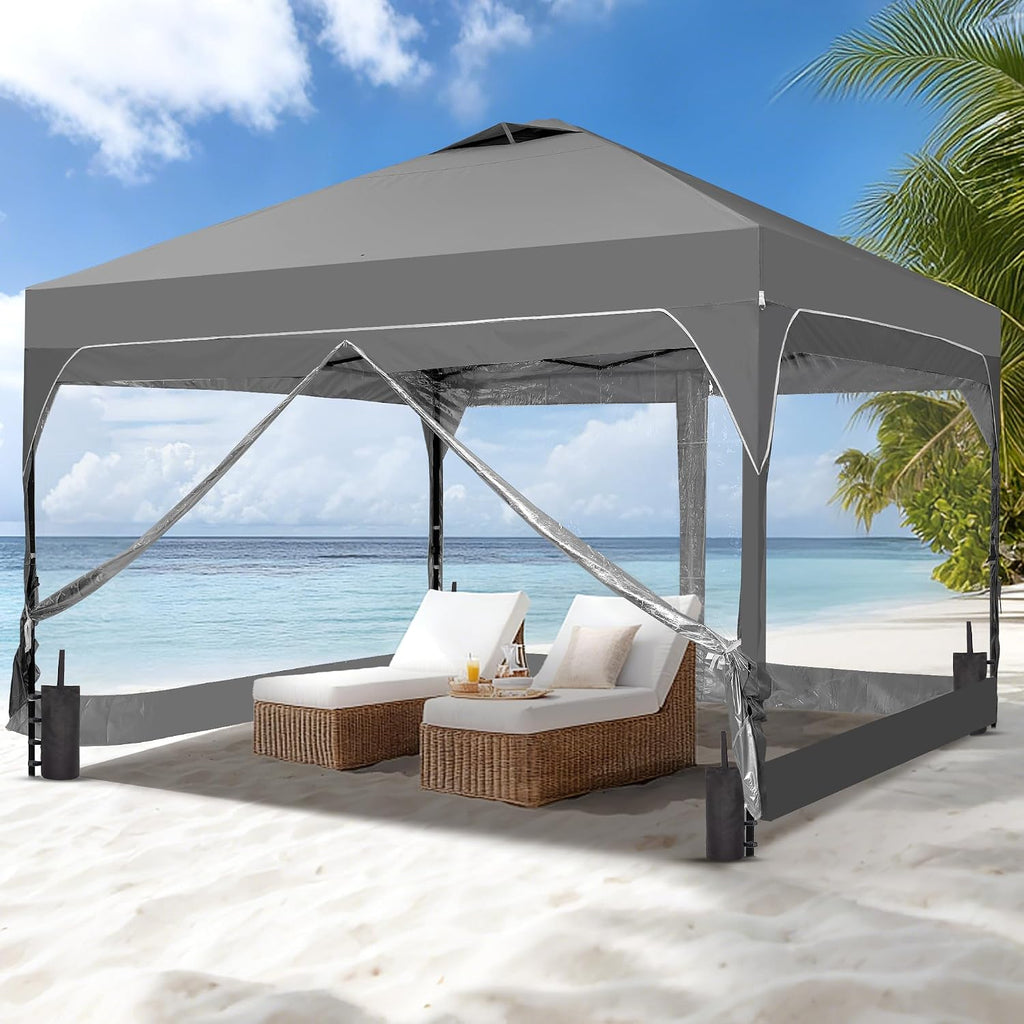 GDY 12x12 FT Pop Up Canopy Tent with One Push Setup,Setup Gazebo with 4 PVC Transparent Sidewalls,Easy Carry for Events, Parties, Camping,Grey.