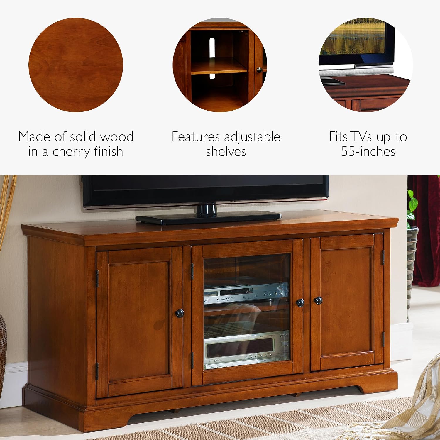 Leick Home 87350 Three Door TV Stand with Cabinet Storage for 55' TV's, Westwood Brown Cherry