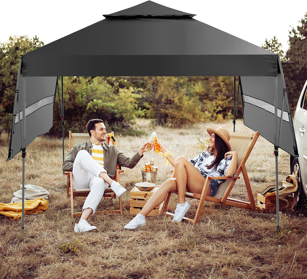HAPPYGRILL Pop Up Canopy with Dual Awnings 10x17.6 FT, Outdoor Gazebo Shelter with Portable Wheeled Carrying Bag, Easy Setup Instant Tent for Patio Camping Picnic (Black)