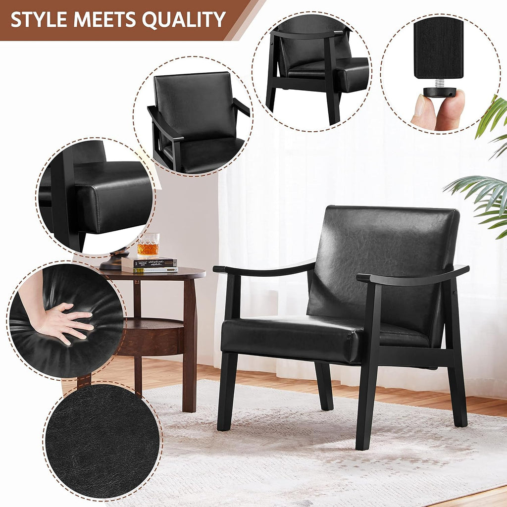 Yaheetech PU Leather Black Chairs, Mid-Century Modern Armchair with Solid Wood Legs, Reading Accent Chair with High Back for Living Room Bedroom Waiting Room, 2 pcs, Black