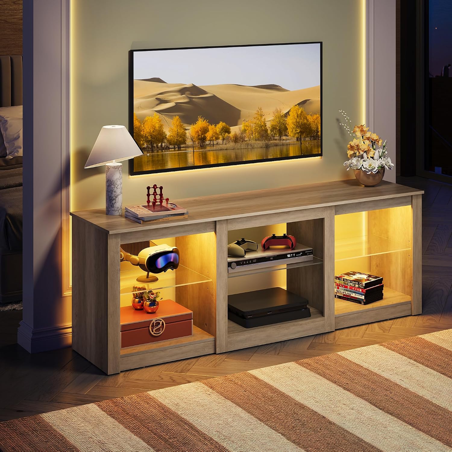 WLIVE Modern LED TV Stand for 65 70 Inch TV, 58' Entertainment Center with Adjustable Glass Shelves & RGB Lights, Wood Media Console Table for Living Room, Bedroom, Gaming Room, Gray Oak