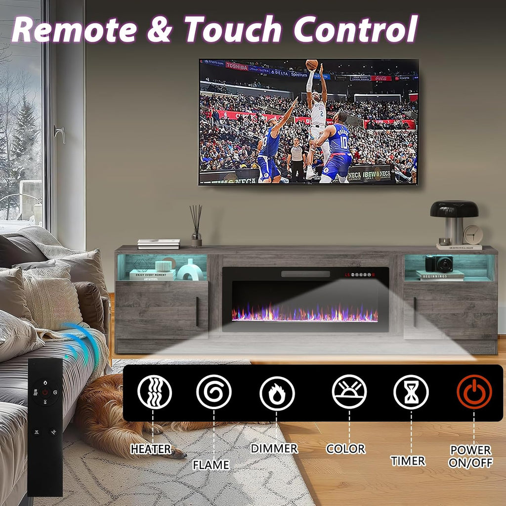 TAVATA Fireplace TV Stand, 80 inch TV Stands for Living Room with 36' Fireplace, Modern Entertainment Center with LED Light for TVs Up to 90', Media Console with Highlight Storage Cabinets (Grey)