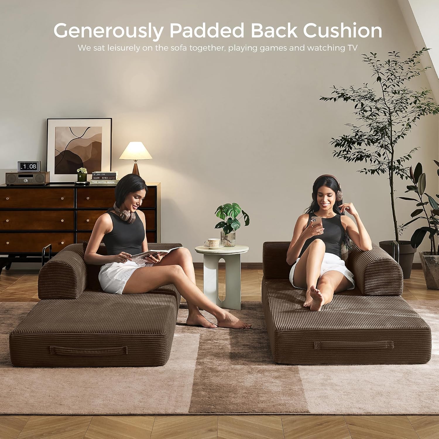 79' Convertible Sofa Bed with Fixed-Shape Frame & Removable Armrests, Modular Corduroy Sleeper Sofa, Folding Mattress Couch for Small Spaces - No Assembly Needed in Brown (Includes 2 Pillows)