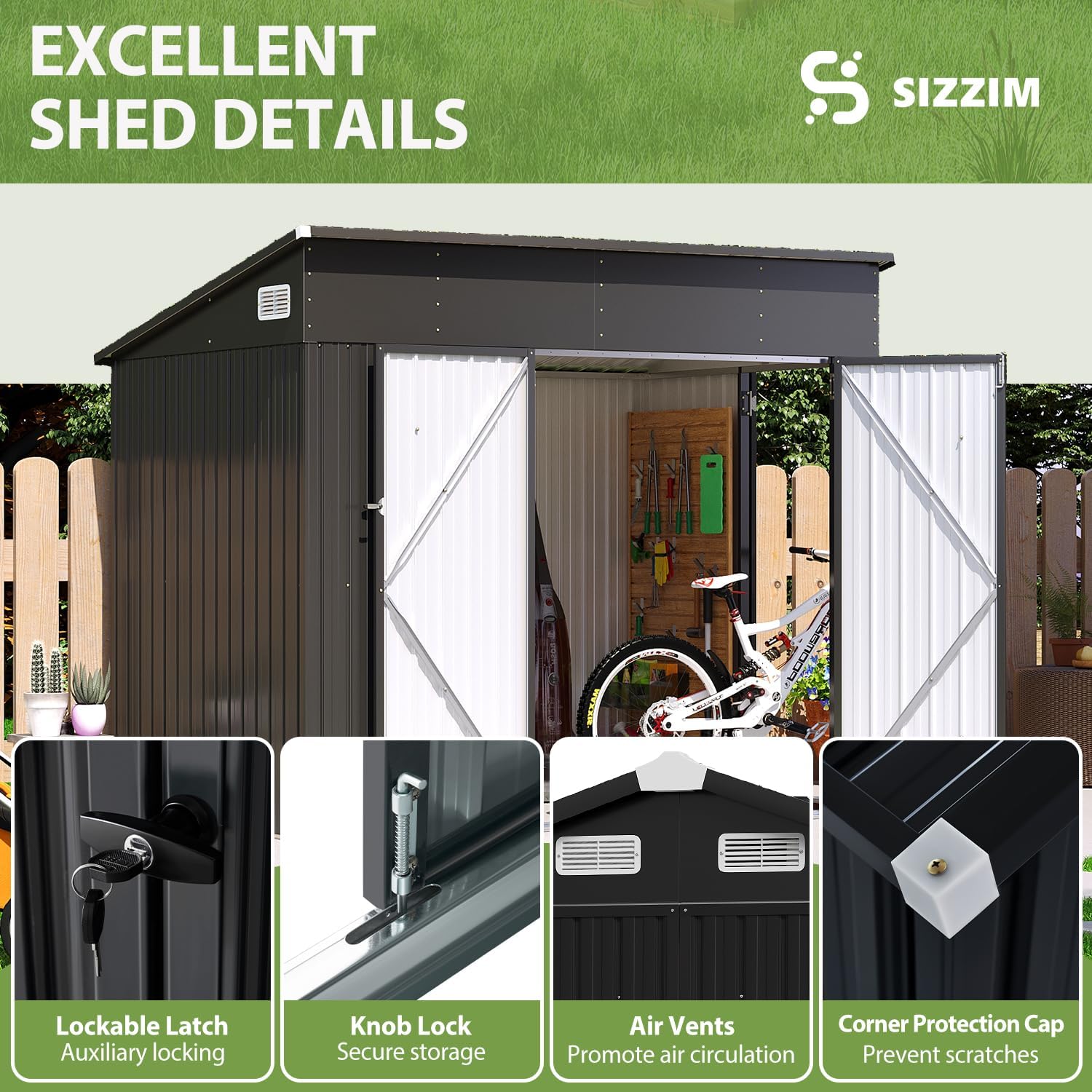 7.3'x5.3' Outdoor Metal Storage Shed with Triple Lockable Doors & Sloping Roof for Tools, Bicycles, and Garden Equipment