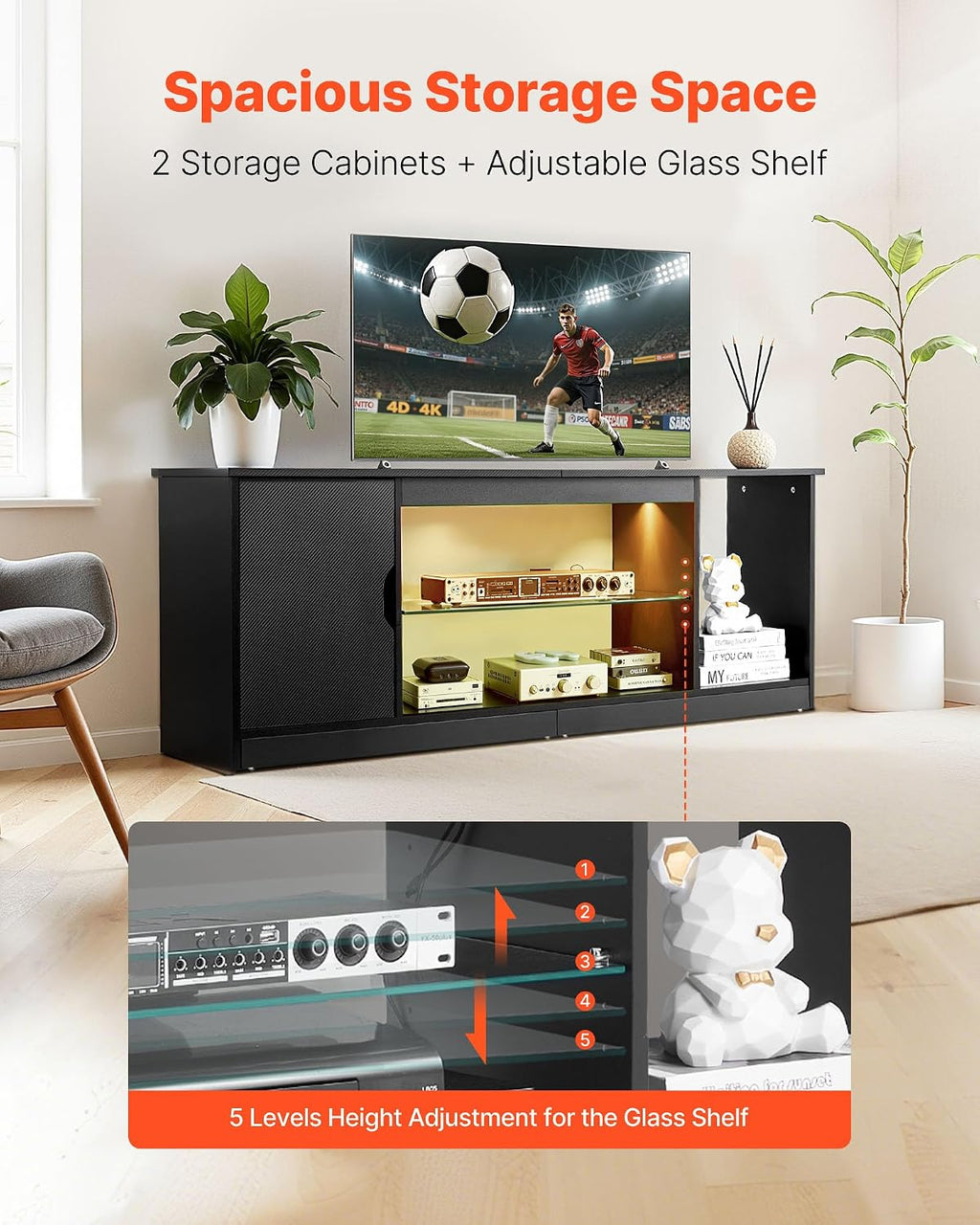 VEVOR Modern TV Stand for 65 inch TVs, LED Entertainment Center with Storage Cabinet for PS5 Xbox Gaming Media Console Table with Adjustable Glass Shelf, Wood TV Cabinet for Living Room Bedroom, Black