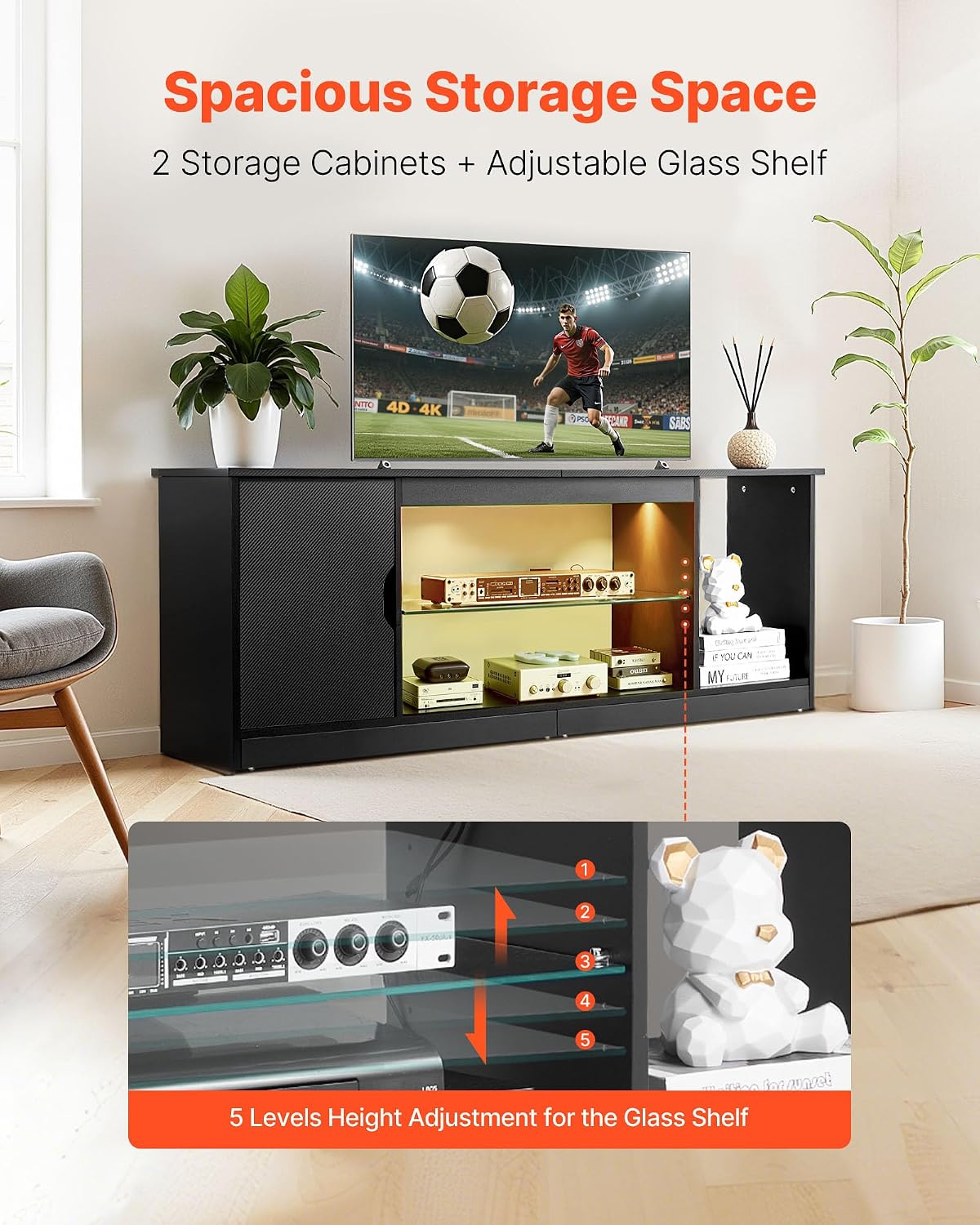 VEVOR Modern TV Stand for 65 inch TVs, LED Entertainment Center with Storage Cabinet for PS5 Xbox Gaming Media Console Table with Adjustable Glass Shelf, Wood TV Cabinet for Living Room Bedroom, Black