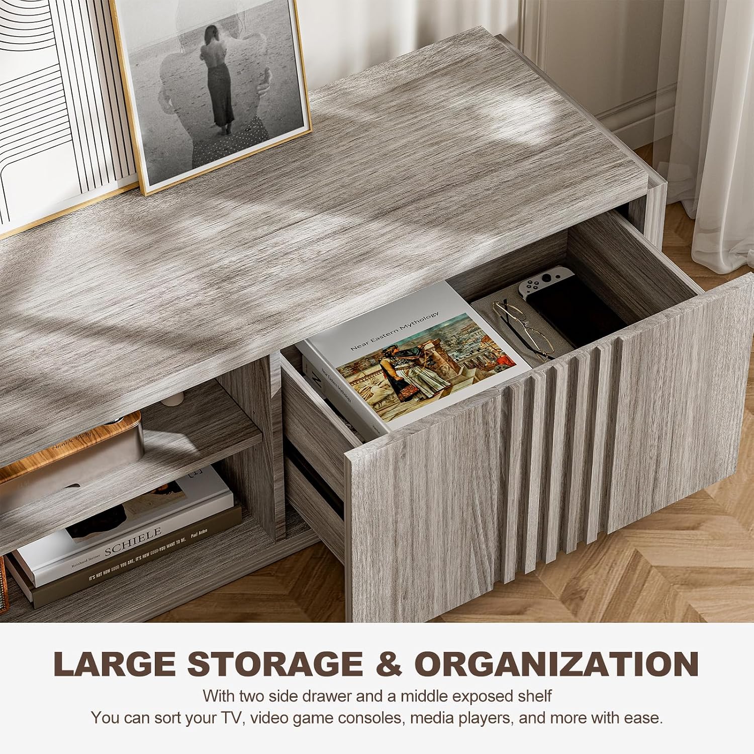BELLEZE 70' Fluted TV Stand for TVs up to 75', Media Entertainment Center Console Table with Oversize Drawers and 2-Tier Open Shelves, Wood Storage Cabinet for Living Room, 15'D x 70'W x 16'H-(Gray)