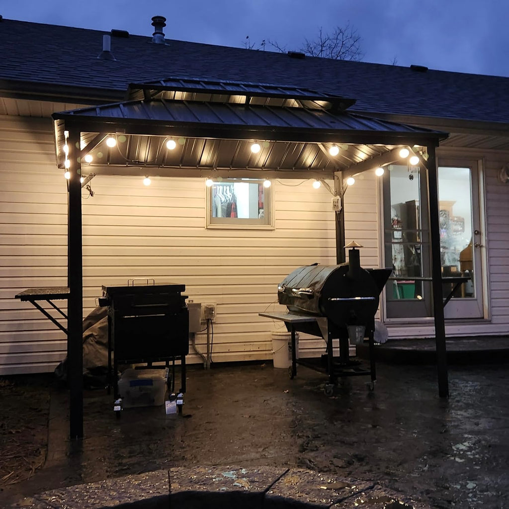 PURPLE LEAF 6.5' X 10' Hardtop Grill Gazebo for Patio Aluminum Barbeque Canopy with 24 Clear Light Bulbs and Shelves Double Tiered Grey Outdoor BBQ Gazebo