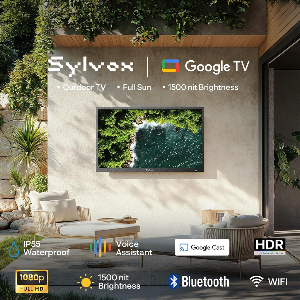 SYLVOX 32' Smart Outdoor TV,1080P Full Sun Outdoor Television with 1500 Nits High Brightness, IP55 Weatherproof TV for Outside, Google System WiFi Bluetooth Google Assistant Chromecast (Pool Se)