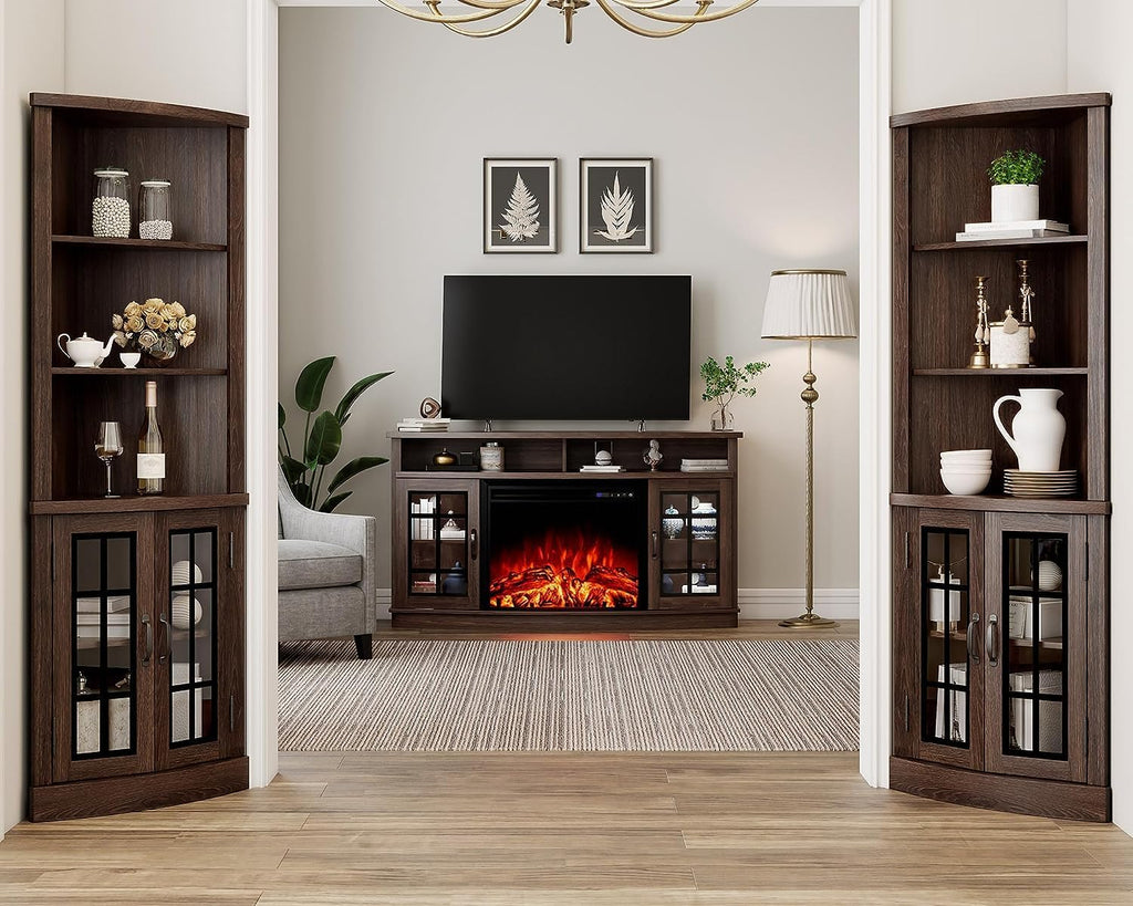AMERLIFE Curved Fireplace TV Stand with 26'' Electric Fireplace, Media Entertainment Center Farmhouse Glass Door Storage Cabinet, Open Shelve Console Table for TVs up to 65'', Espresso