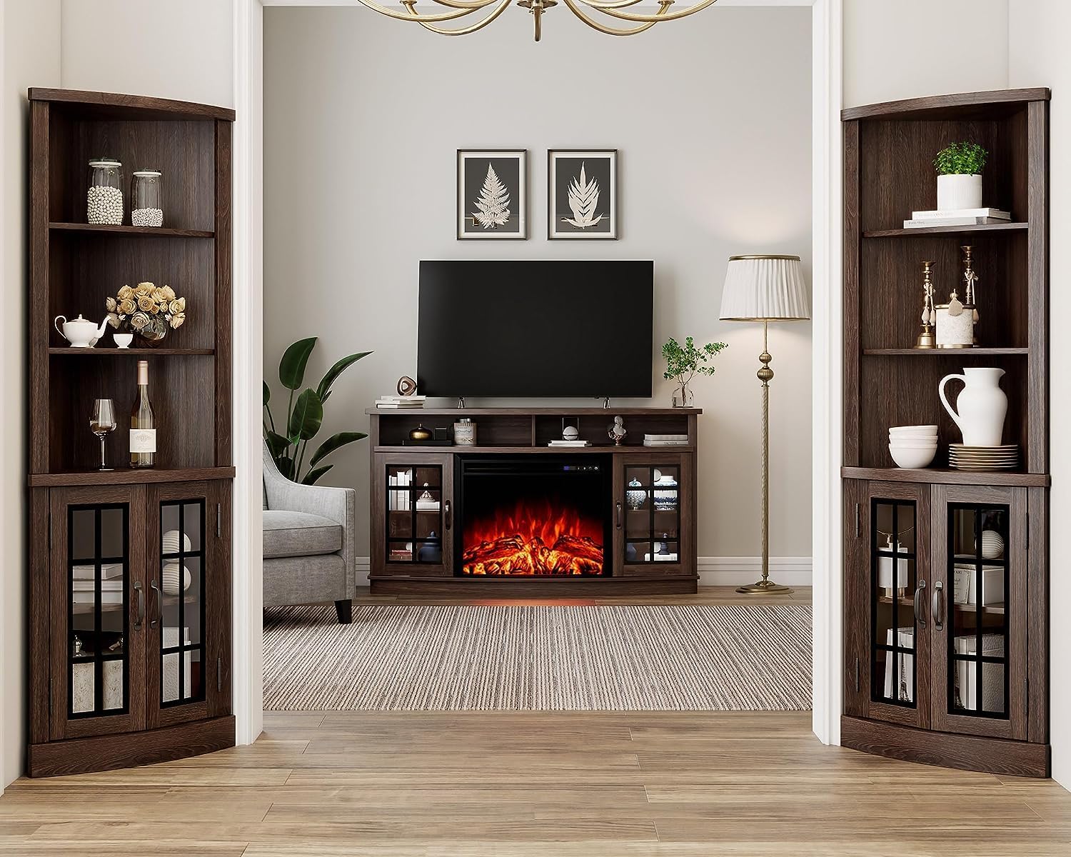 AMERLIFE Curved Fireplace TV Stand with 26'' Electric Fireplace, Media Entertainment Center Farmhouse Glass Door Storage Cabinet, Open Shelve Console Table for TVs up to 65'', Espresso