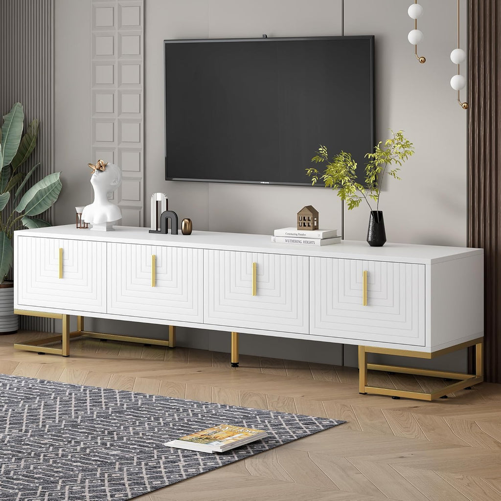 ON-TREND Modern TV Stand with Metal Legs and Gold Handles for TVs Up to 80'', Media Console Table with Cabinets and Adjustable Shelves, Luxury TV Cabinet with Geometric Lines for Living Room, White