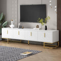 ON-TREND Modern TV Stand with Metal Legs and Gold Handles for TVs Up to 80'', Media Console Table with Cabinets and Adjustable Shelves, Luxury TV Cabinet with Geometric Lines for Living Room, White