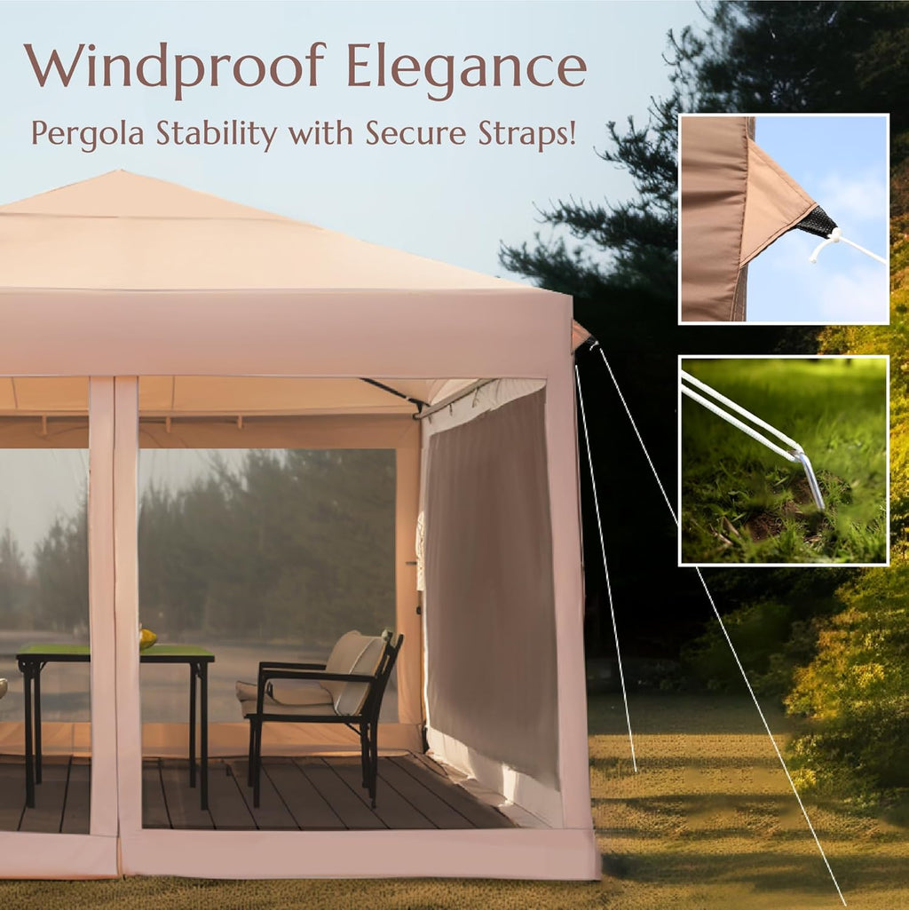 PHI VILLA 10 x 10 Pop Up Canopy Tent with Netting, Instant Gazebo, Ez up Screen House Room with Carry Bag, Height Adjustable, for Outdoor, Garden, Patio,Brown