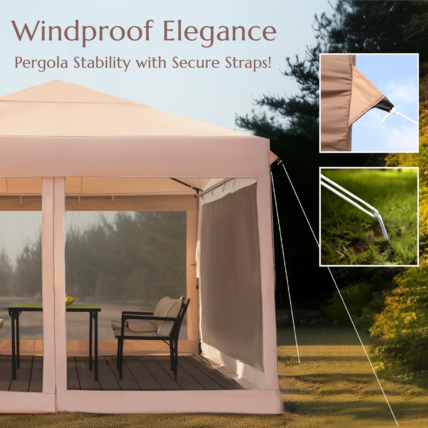 PHI VILLA 10 x 10 Pop Up Canopy Tent with Netting, Instant Gazebo, Ez up Screen House Room with Carry Bag, Height Adjustable, for Outdoor, Garden, Patio,Brown