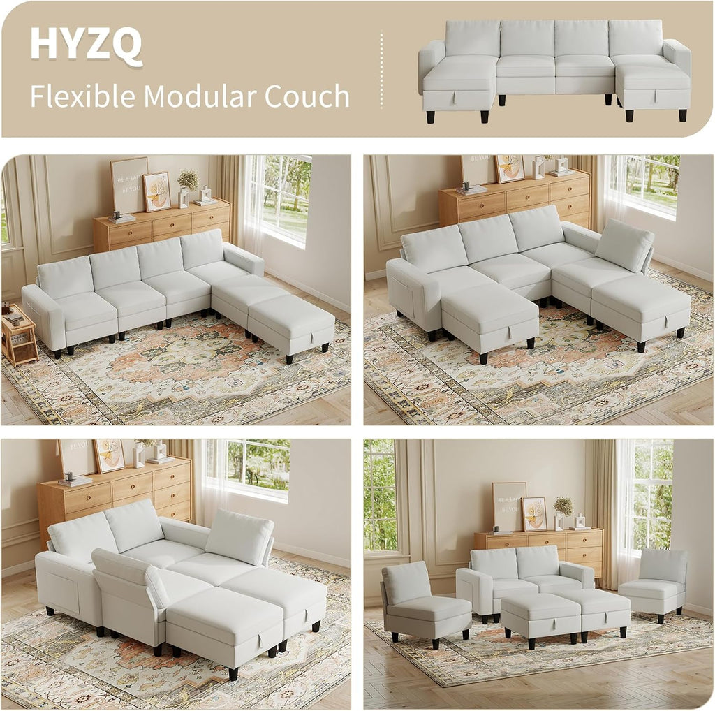 Modular Sectional Couches for Living Room, 110' U Shaped Sectional Sofa with Adjustable Backrest, 6 Seat Linen Cloud Couch Sectionals with Storage Ottoman for Apartment (White)
