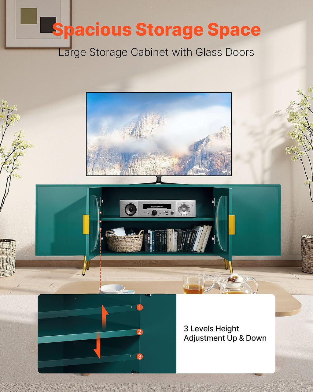 VEVOR TV Stand for TVs up to 75 inch, Modern Entertainment Center with Glass Doors and Gold Legs, TV Storage Cabinet with Adjustable Shelves, Wood Media Console for Living Room and Bedroom, Dark Green