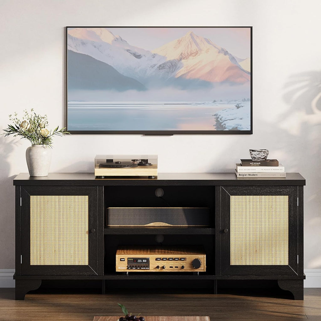 GarveeHome Rattan TV Stand for Living Room, Boho Entertainment Center for 55, 65 in TV, TV Console Cabinet with Storage Shelf, Black