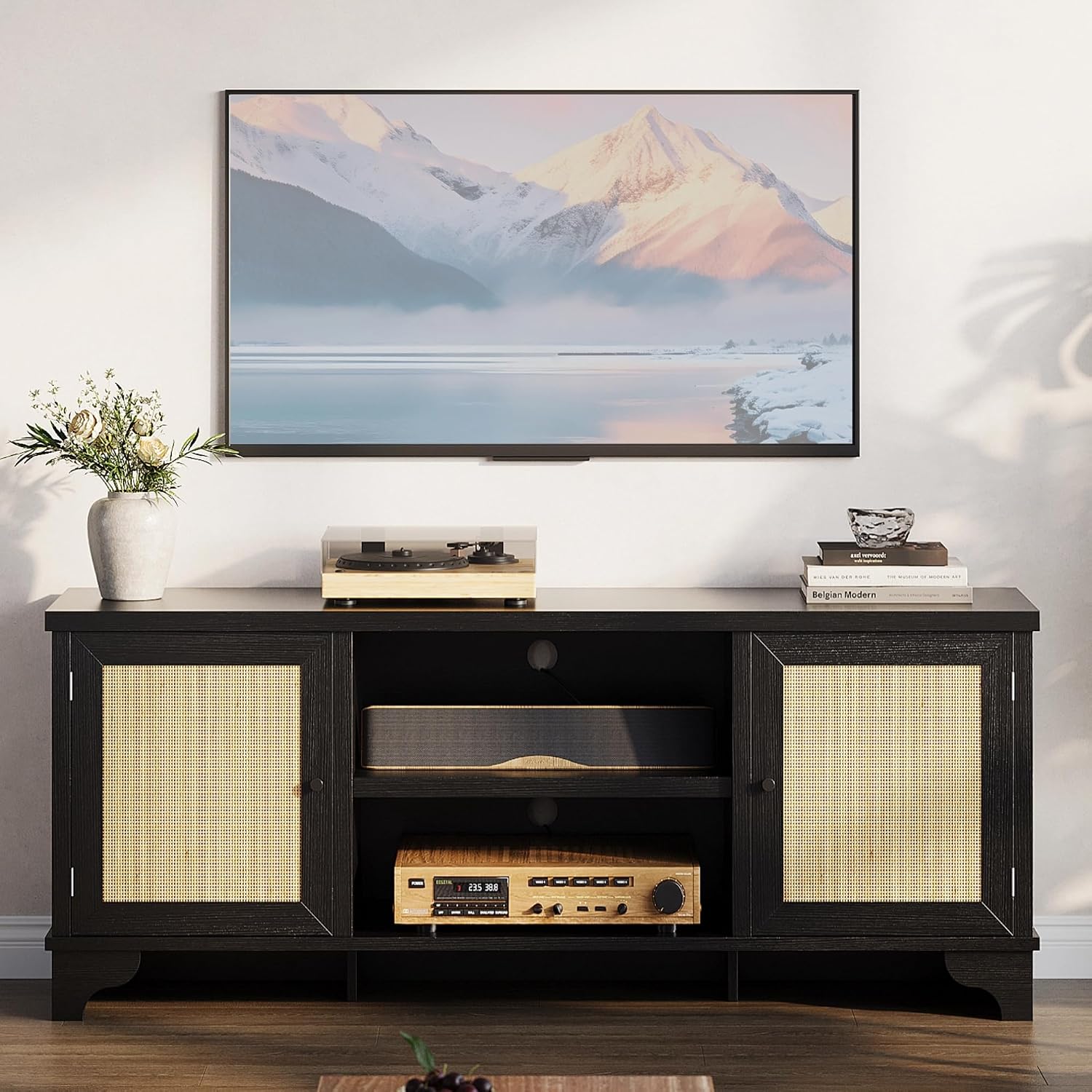 GarveeHome Rattan TV Stand for Living Room, Boho Entertainment Center for 55, 65 in TV, TV Console Cabinet with Storage Shelf, Black