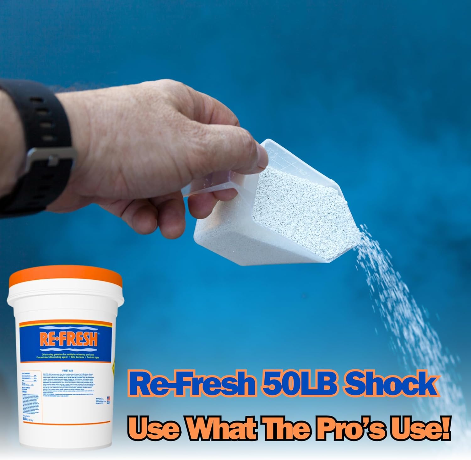 Refresh Granular 68% Active Chlorine Shock | 50-Pound Bucket with 1/2 Pound Scoop | Perfect for Swimming Pools, Use As Bactericide, Algaecide, Disinfectant in Pools & Spas | Fast Dissolving - 50LB