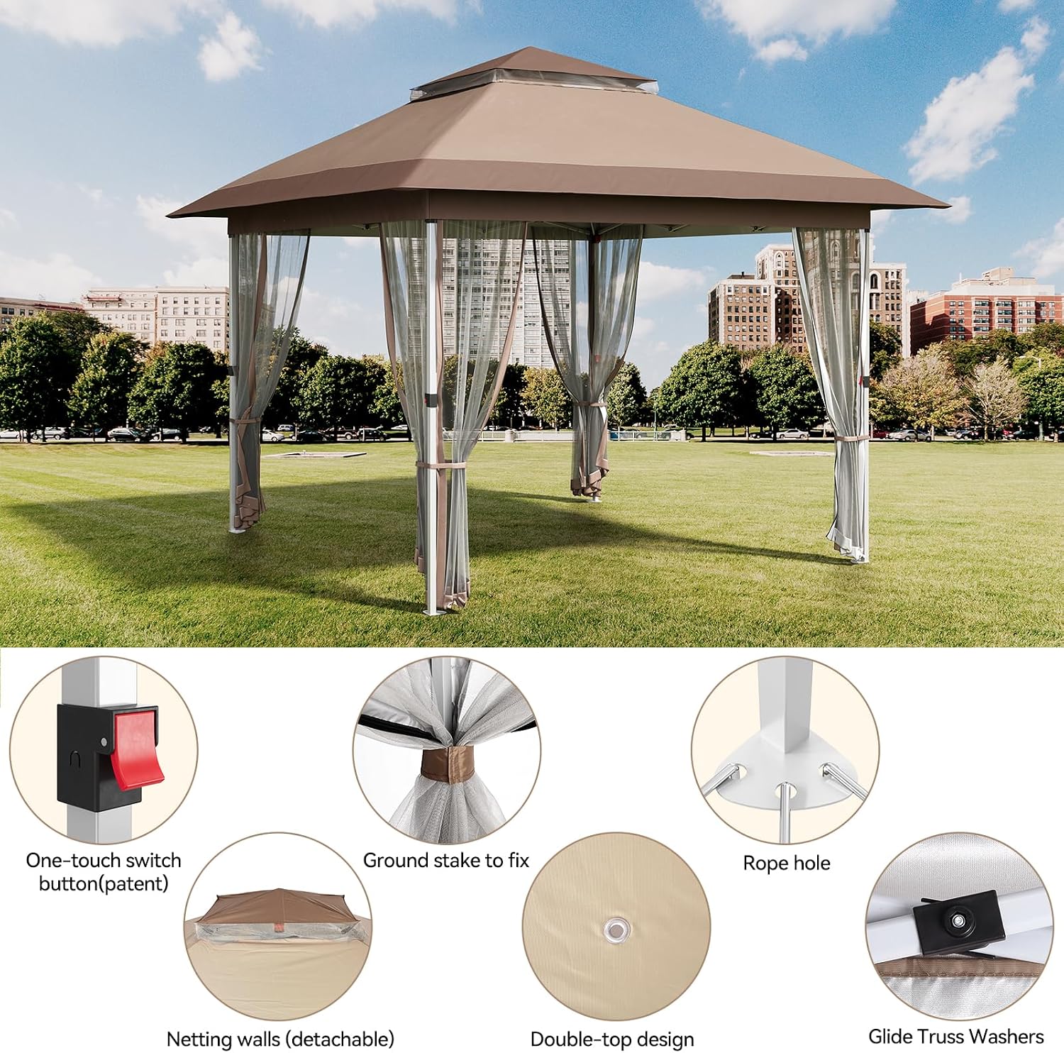 GarveeLife 11 ft x11 ft Gazebo Outdoor Pop up Canopy Tent with Curtains and 121 Square Shelter for Patio,Backyard Party, with Mosquito Netting, 2-Tiered Vented Top, Khaki
