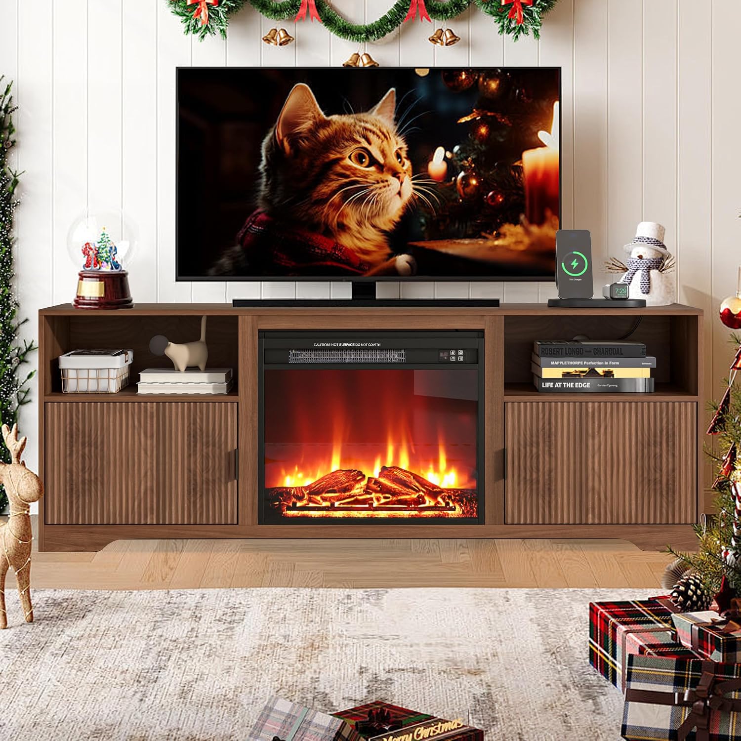 Fireplace TV Stand for Television up to 80 Inch,Entertainment Center with Adjustable Shelf,Mid-Century Modern Fluted TV Stand with 23' Electric Fireplace,Media Console for Living Room,Bedroom