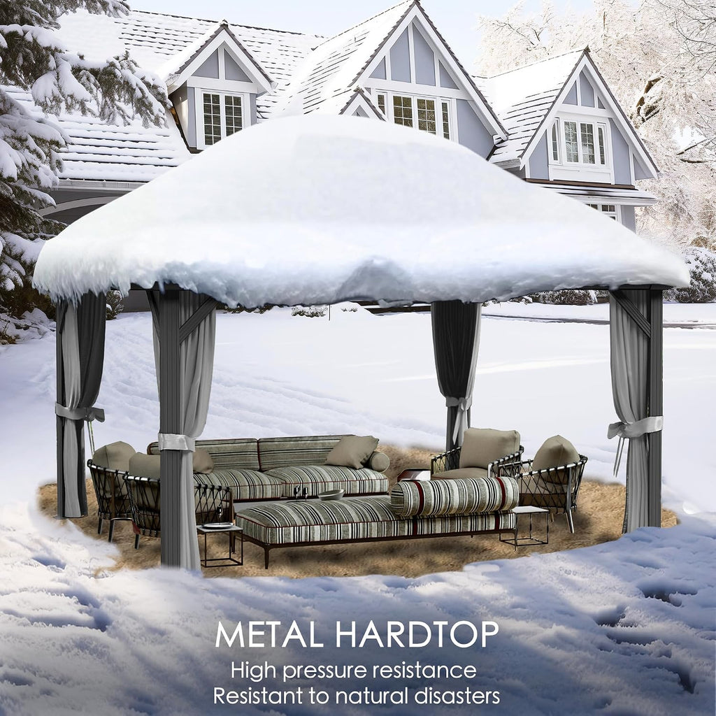 Kozyard Caesar 12'x16' Hardtop Gazebo - Permanent Metal Pavilion with Netting and Shaded Curtains for Patio, Backyard, and Deck - Galvanized Steel Outdoor Aluminum Canopy, Double Roof Gazebo (Grey)