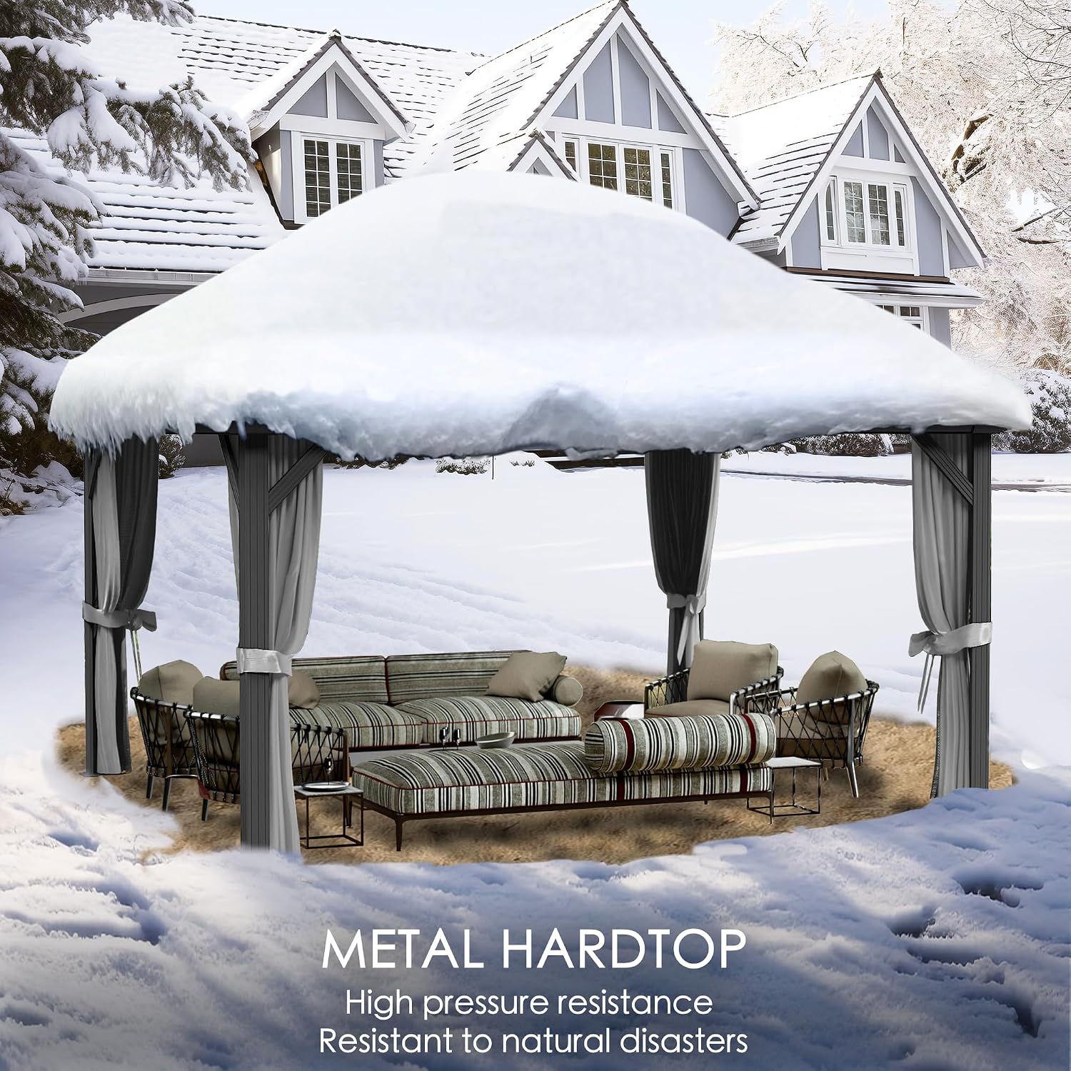 Kozyard Caesar 12'x16' Hardtop Gazebo - Permanent Metal Pavilion with Netting and Shaded Curtains for Patio, Backyard, and Deck - Galvanized Steel Outdoor Aluminum Canopy, Double Roof Gazebo (Grey)