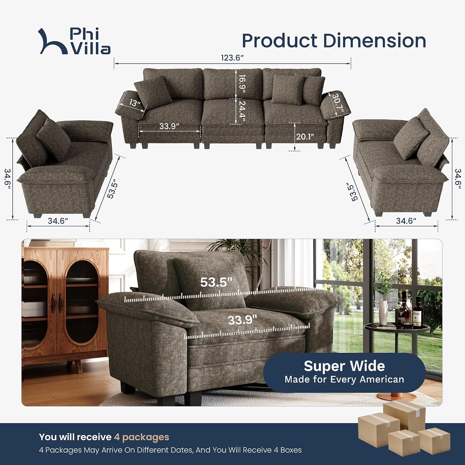 PHI VILLA Cloud Modular Couches Sets, 3 Pieces Large Sectional Sofa Set with Single Sofa, 5-Seater Upholstered Couch for Living Room, Chenille Fabric, Smoky Grey
