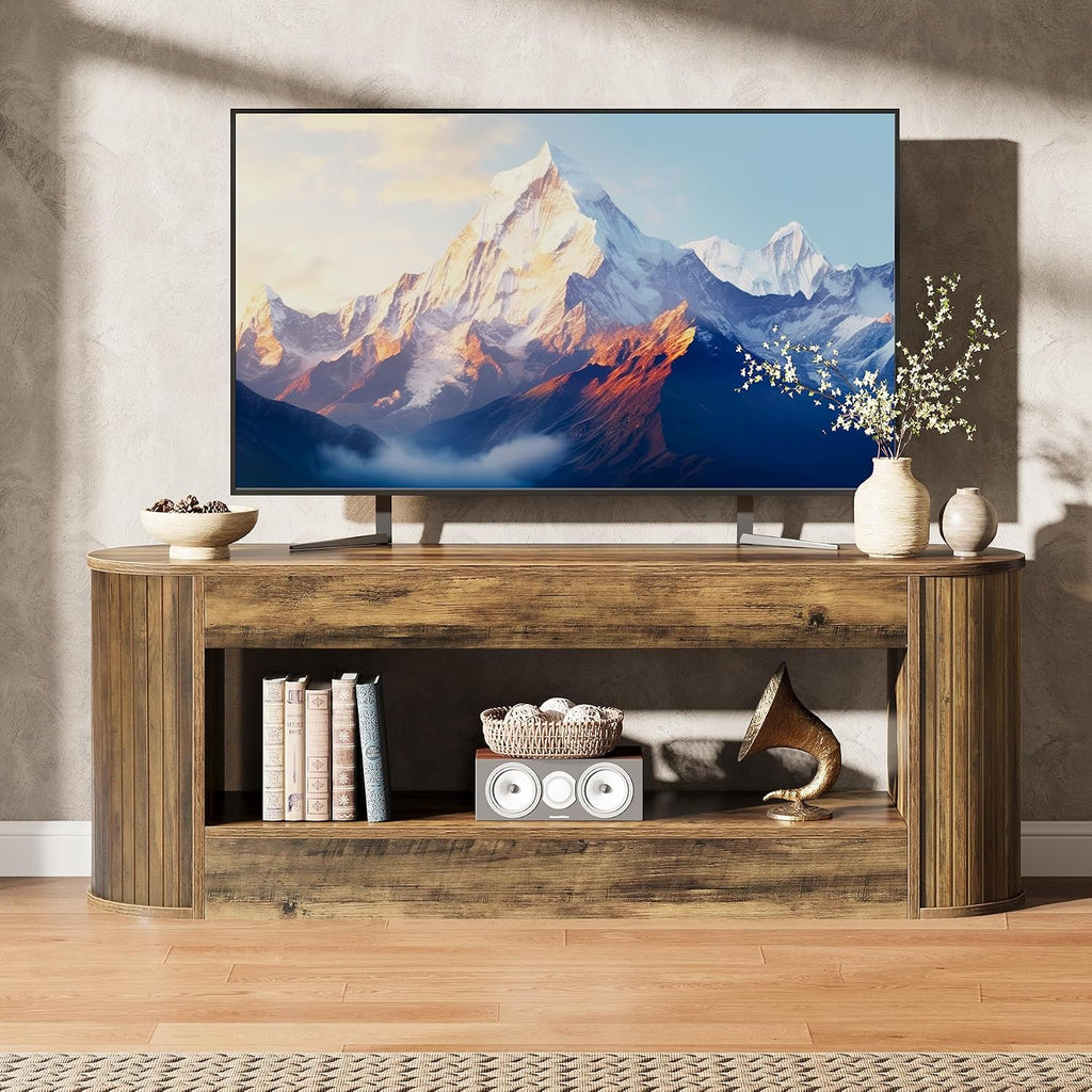 Tribesigns 63' TV Stand with Storage for 55/60/65/75 Inches TV, 2-Tier Farmhouse Television Stands with Fluted Panels, Entertainment Center Media Console for Living Room & Bedroom, Brown