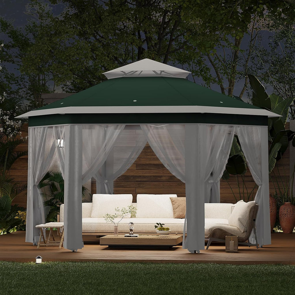 13' x 13' Pop Up Gazebo, Hexagonal Canopy Shelter with 6 Zippered Mesh Netting, Event Tent with Strong Steel Frame for Patio Backyard Garden Wedding Party, Green