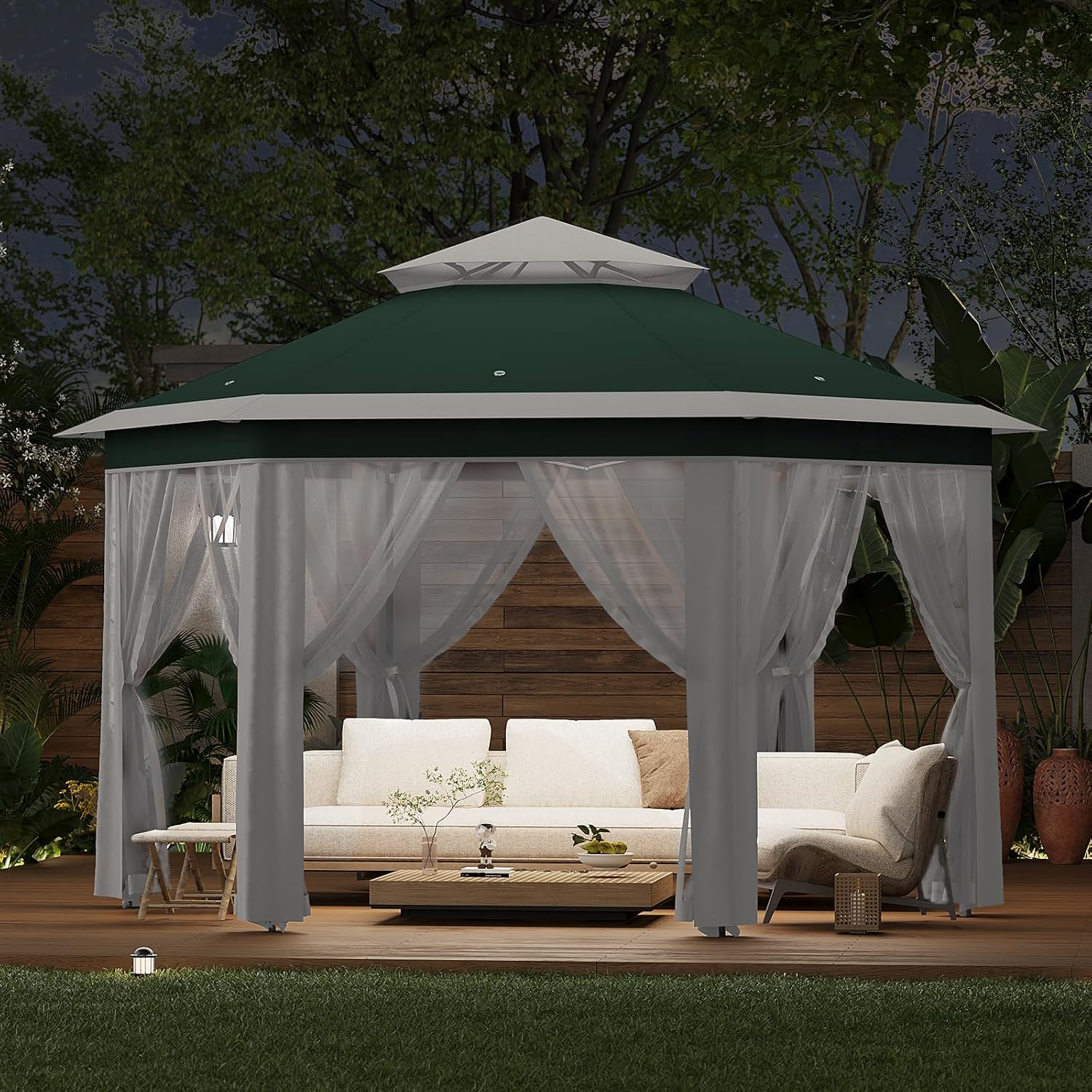 13' x 13' Pop Up Gazebo, Hexagonal Canopy Shelter with 6 Zippered Mesh Netting, Event Tent with Strong Steel Frame for Patio Backyard Garden Wedding Party, Green