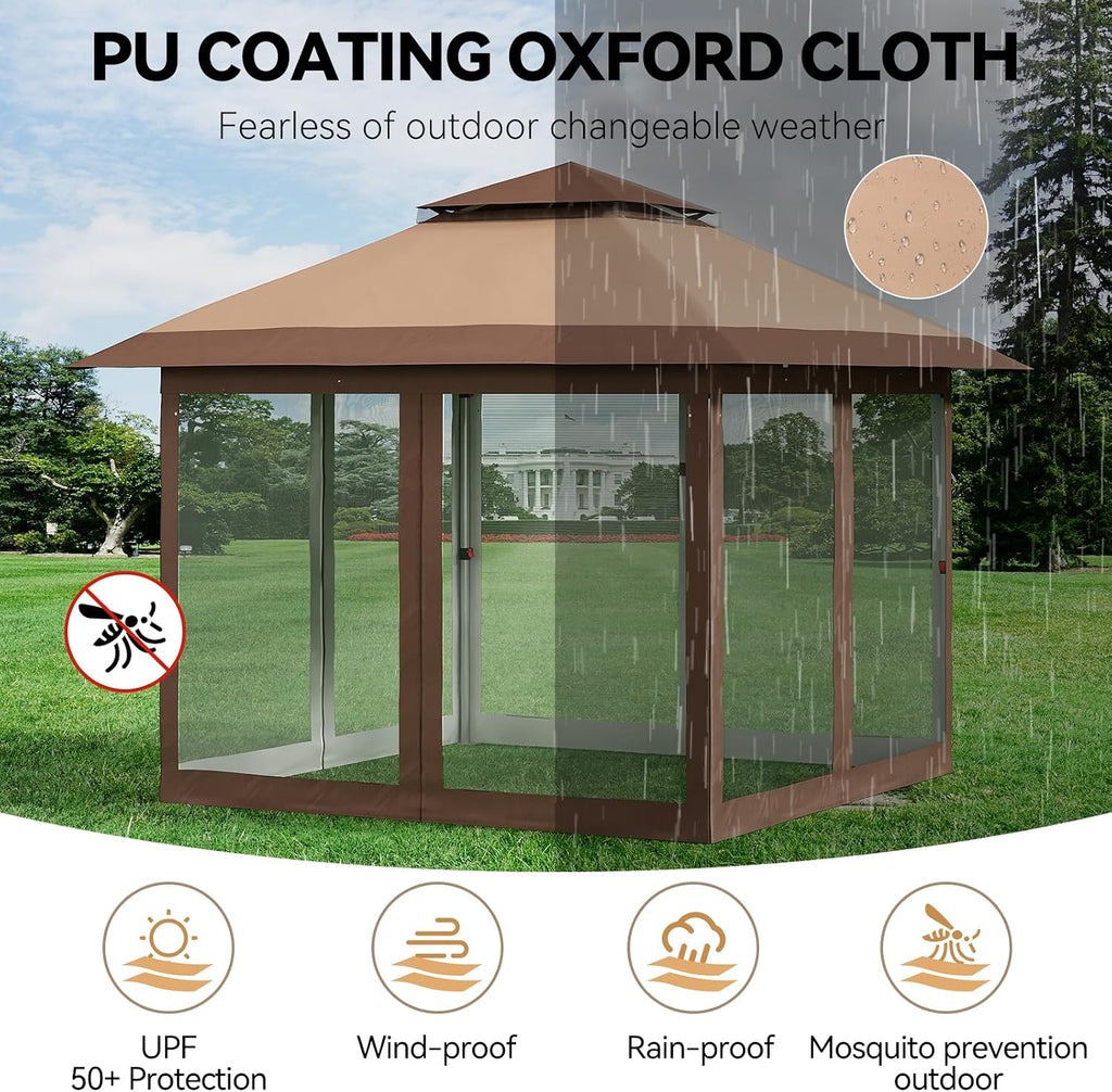 GarveeLife 11 ft x11 ft Gazebo Outdoor Pop up Canopy Tent with Curtains and 121 Square Shelter for Patio,Backyard Party, with Mosquito Netting, 2-Tiered Vented Top, Khaki