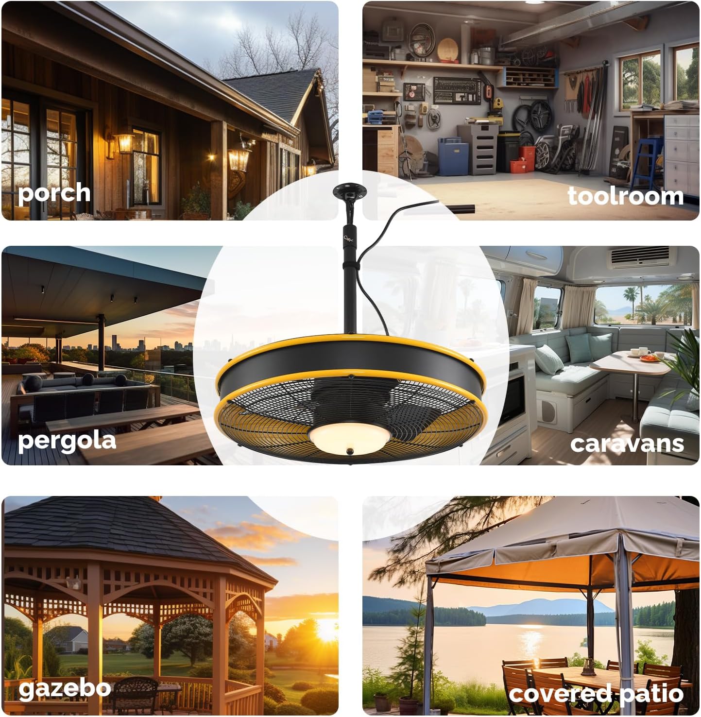 Orison 22'' Outdoor Ceiling Fans with Lights, Wet Rated Gazebo Fan with Remote, Plug in Hanging Fan for Patio Waterproof, App Controll (Yellow(black blades))