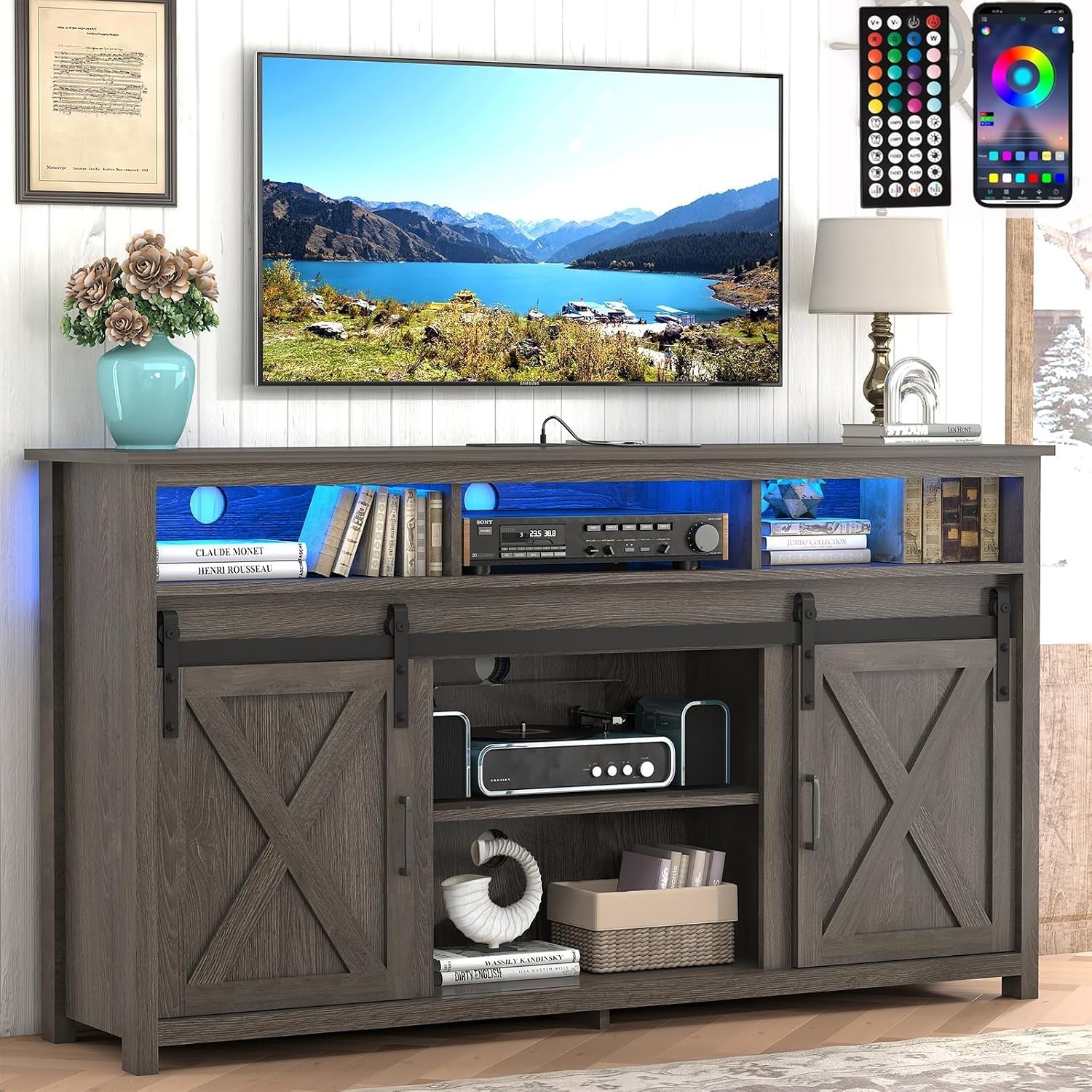 57' LED Farmhouse TV Stand for 65/60/55 Inch TVs,Tall Entertainment Center Storage Cabinets w/Power Outlets and Sliding Barn Door,Rustic TV Stands for Living Room,Media Console Cabinet (Charcoal)