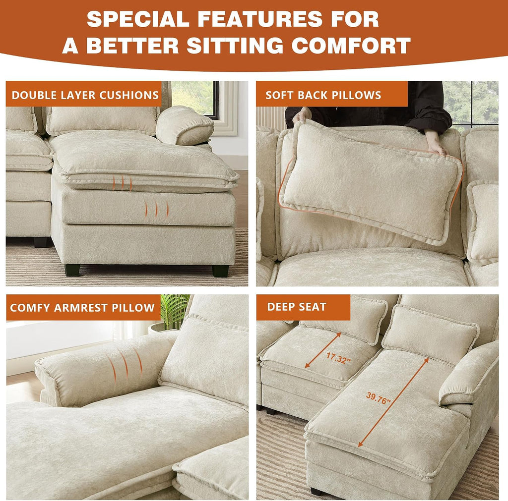 Cloud Couch with Double Chaises, 113' U Shape Sectional 4-Seater Sofa with 2 Layer Cushions, Deep Seat Comfy Sofa, Upholstery Chenille for Living Room, Beige