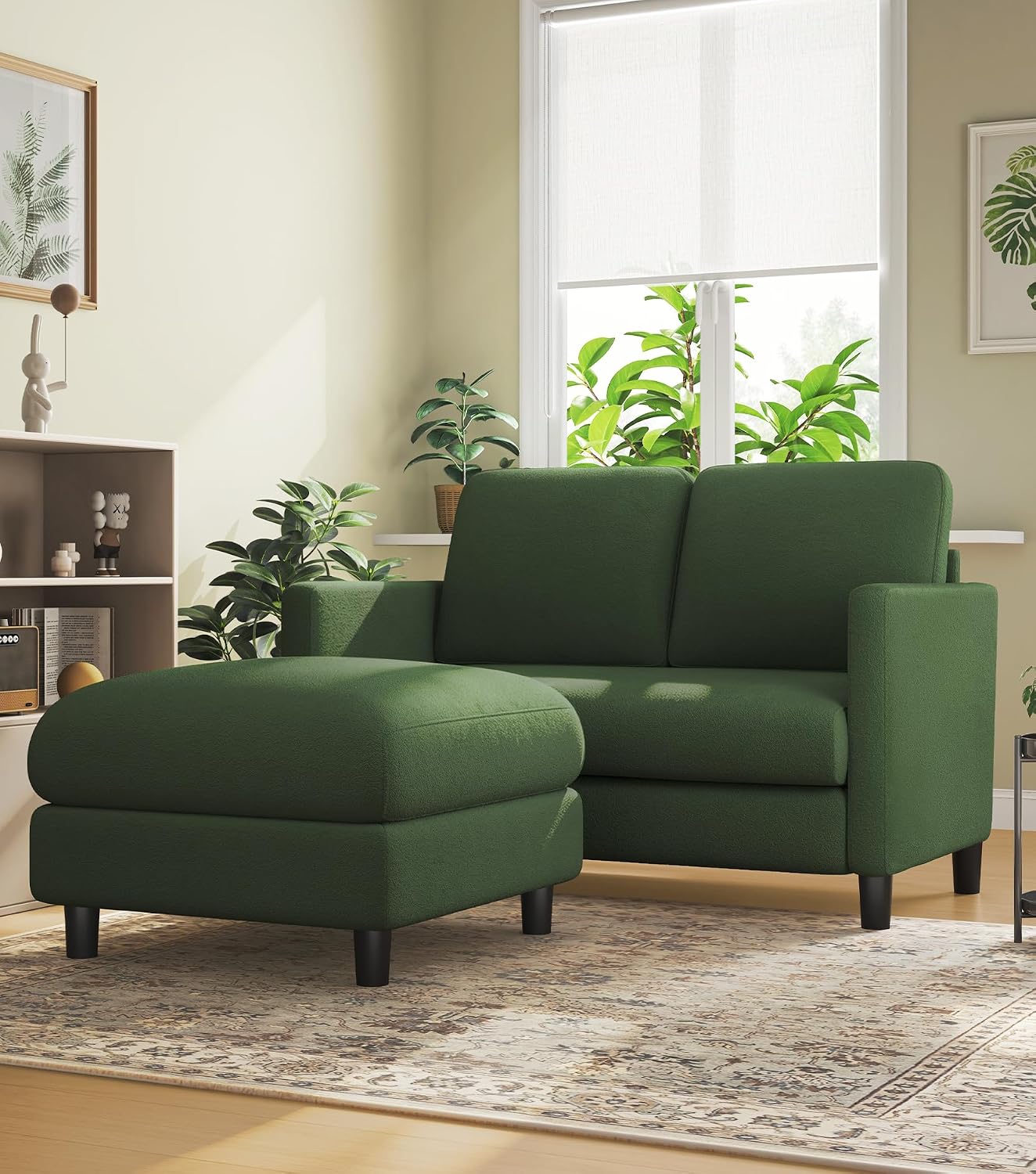 Welzona Loveseat, 51' Small L Shaped Couch, Comfy Teddy Love Seat with Ottoman Set, Tool-Free Setup Loveseat Sofa with Ottoman, All-Wood Small Sofa Couch for Bedroom, Couch for Living Room, Green