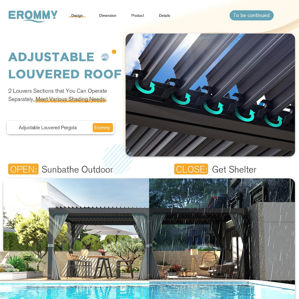 EROMMY 10x20FT Louvered Pergola Outdoor Sun Shade Shelter with Aluminum Frame and Adjustable Metal Rainproof Roof for Garden & Patio, Curtains and Netting Included, Gray-Black