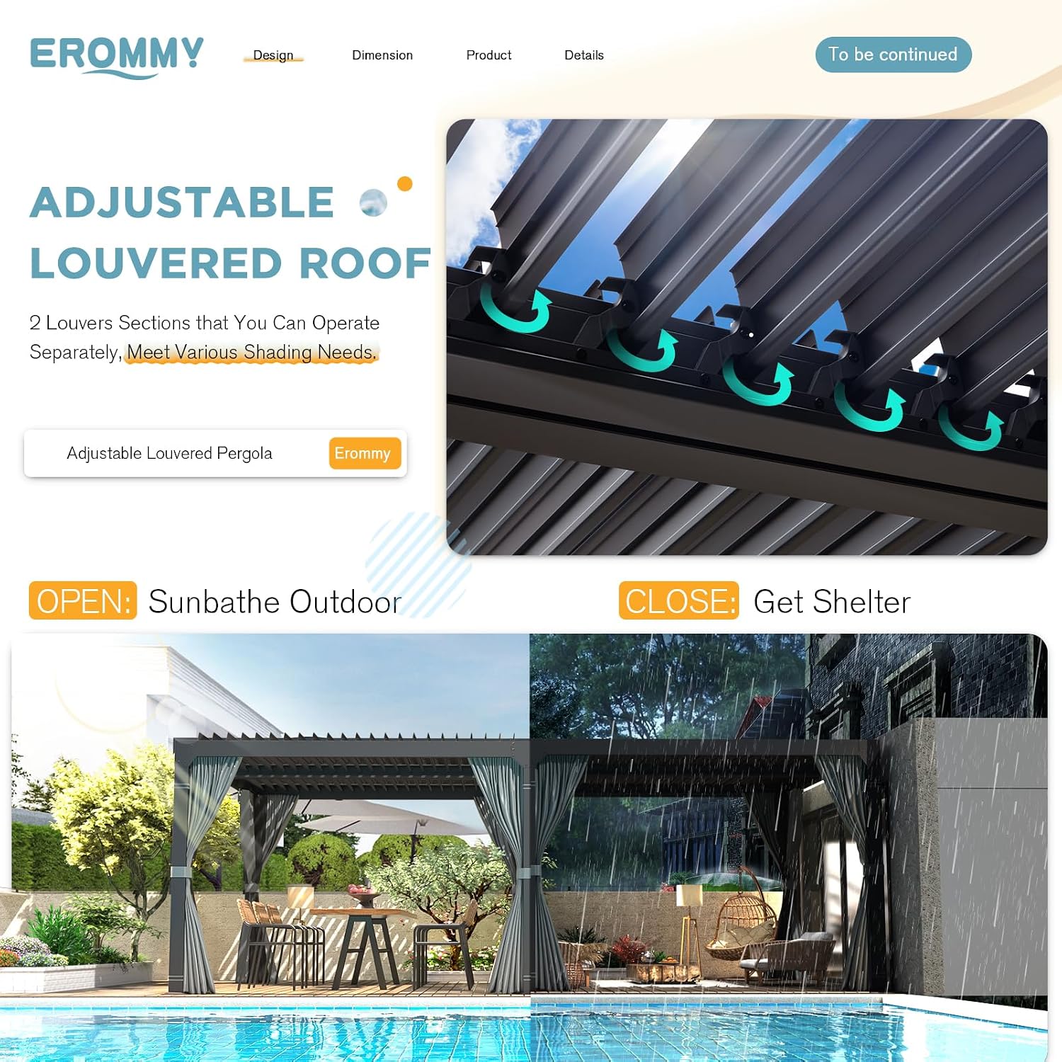 EROMMY 10x20FT Louvered Pergola Outdoor Sun Shade Shelter with Aluminum Frame and Adjustable Metal Rainproof Roof for Garden & Patio, Curtains and Netting Included, Gray-Black
