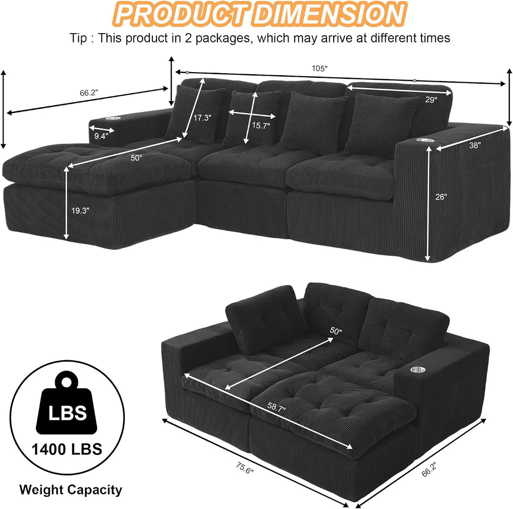 108' Modular Sectional Sofa, Cloud Sectional Couch with Deep Seat, Modern Modular L-Shape Sofa Couch with Chaise,Upholstered Couches for Living Room Bedroom (Matte Black)