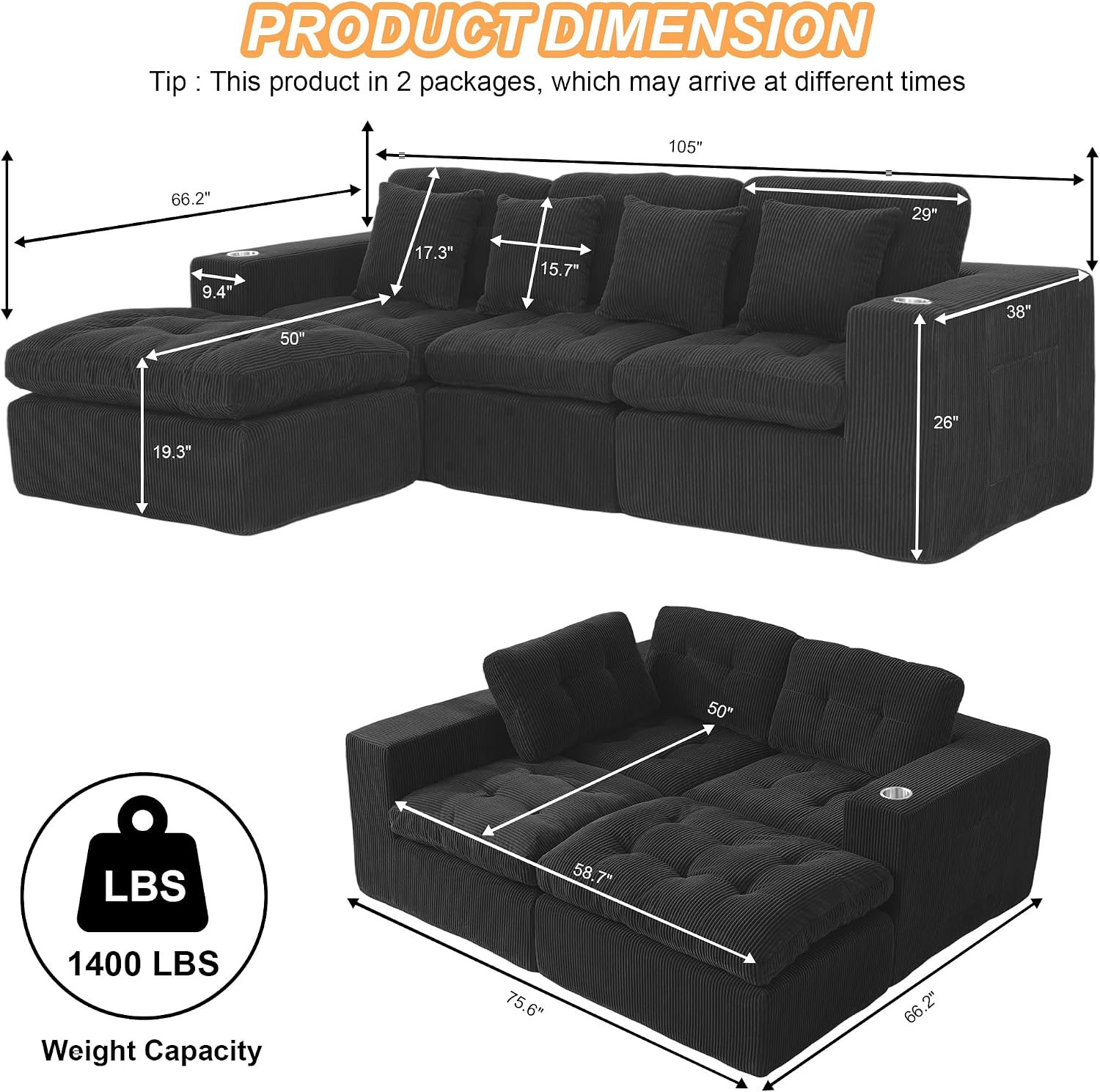 108' Modular Sectional Sofa, Cloud Sectional Couch with Deep Seat, Modern Modular L-Shape Sofa Couch with Chaise,Upholstered Couches for Living Room Bedroom (Matte Black)