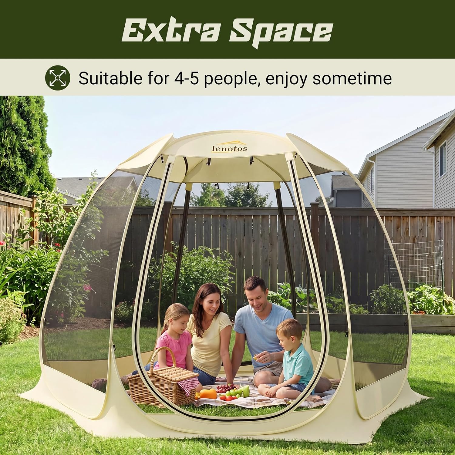 Lenotos Pop Up Screen House, 10'x10' Outdoor Screen Tent for Camping, Screened Gazebo with Mosquito Netting, Carry Bag